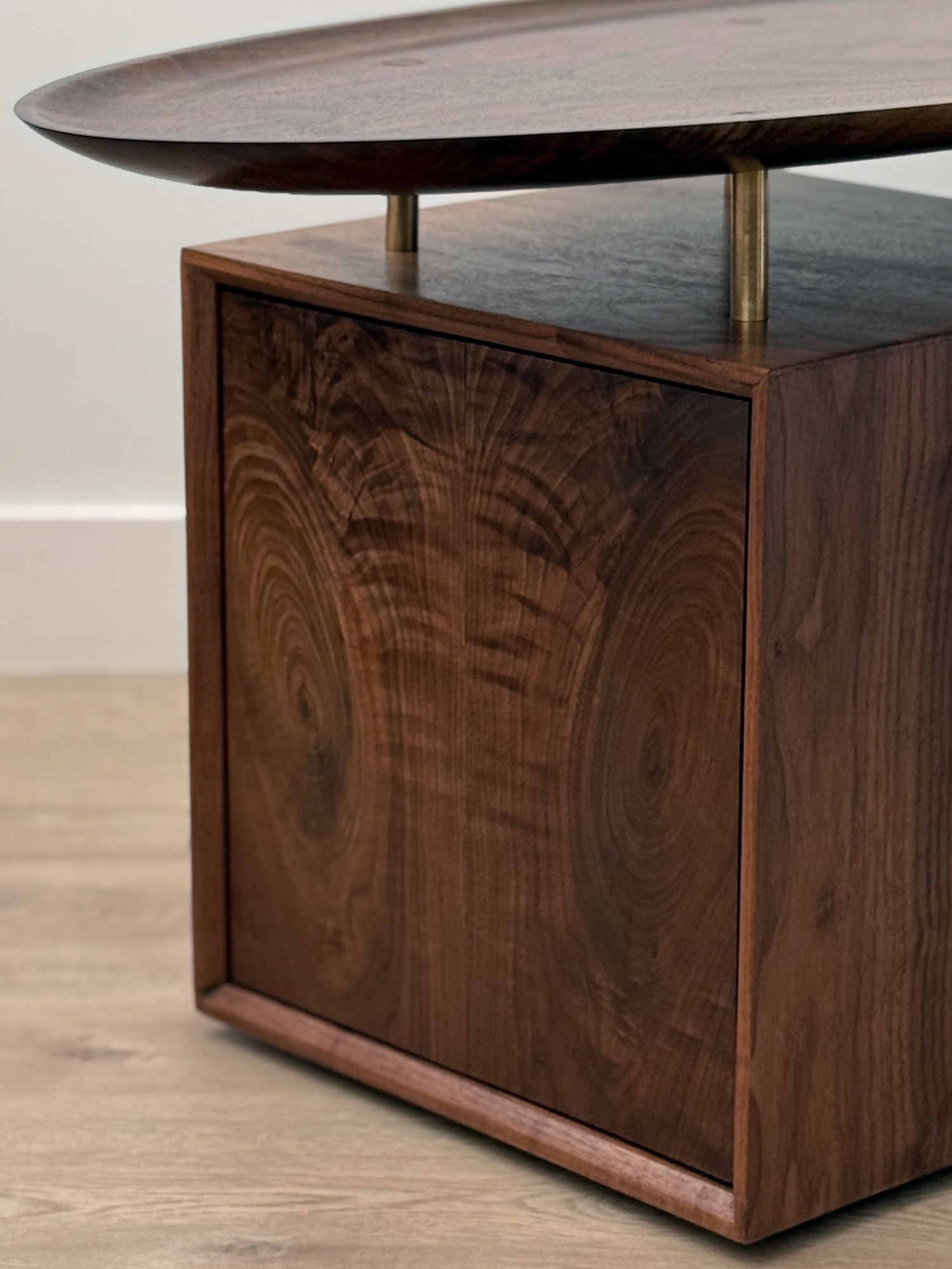 Figured walnut cabinet and machined brass standoff